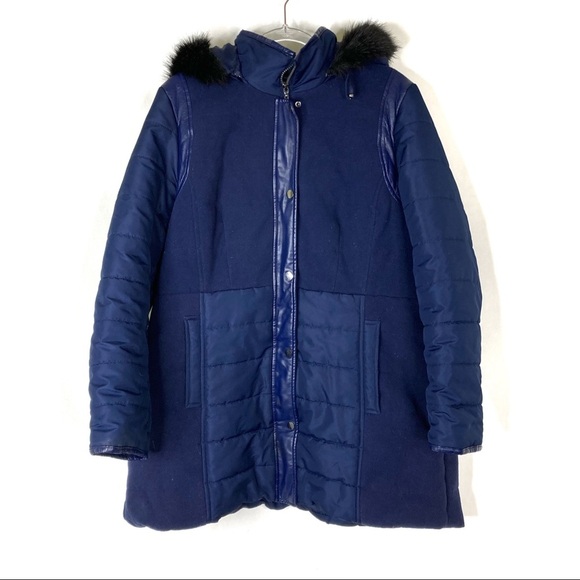 Susan Graver | Navy Blue Puffer Coat w/Black Fur Hood L - Picture 1 of 9